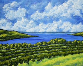 Lago Seneca (descarga digital original) por Mike Kraus - obra de arte Lagos Finger vino septentrional Nueva York lagar granja verano viñedo