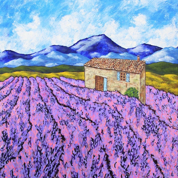 Lavendelfarm (Original Acrylbild) 40,6 cm x 50,8 cm von Mike Kraus - Kunst Provence Frankreich Französisch Europäische Union Blumen Haus