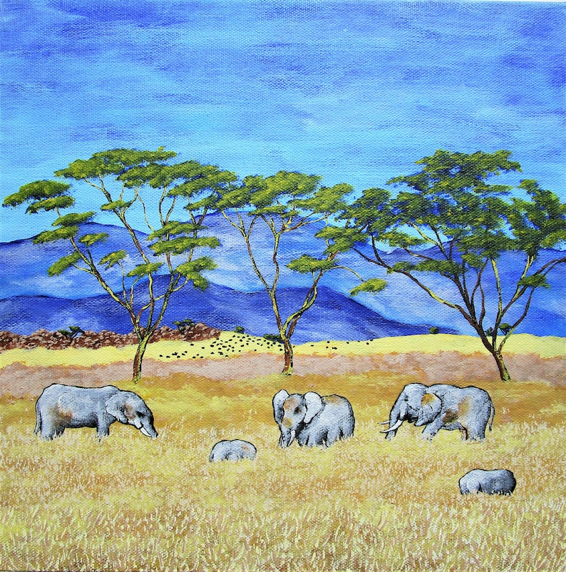 Elephants of Tanzania ORIGINAL DIGITAL DOWNLOAD by Mike Kraus art animals africa safari sky mountains savanna grasslands calf calves gift image 1