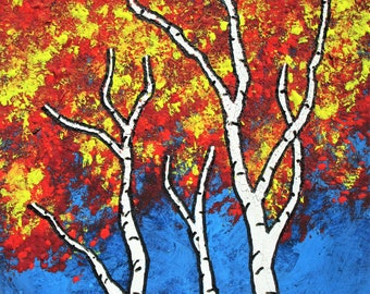 Autumn Birch #435 (ARTIST TRADING CARDS) 2.5" x 3.5" by Mike Kraus - aceo atc trees forests woods nature fall hikes hiking gifts aspen mini