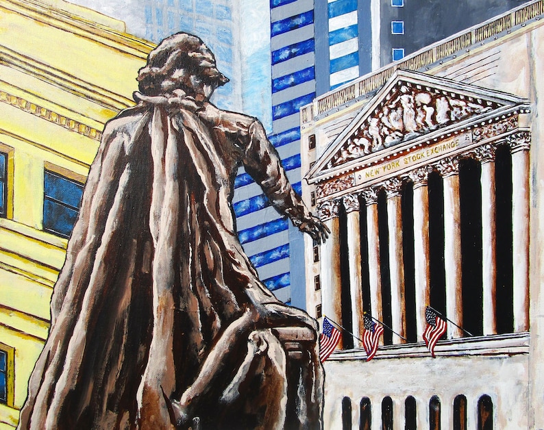 K&ouml;nnte beinhalten: &Ouml;lgem&auml;lde zeigt eine Bronzestatue vor der New Yorker B&ouml;rse. Die Statue ist von hinten zu sehen, mit den S&auml;ulen des Geb&auml;udes und den amerikanischen Flaggen. Die Worte "NEW YORK STOCK EXCHANGE" stehen &uuml;ber den S&auml;ulen.