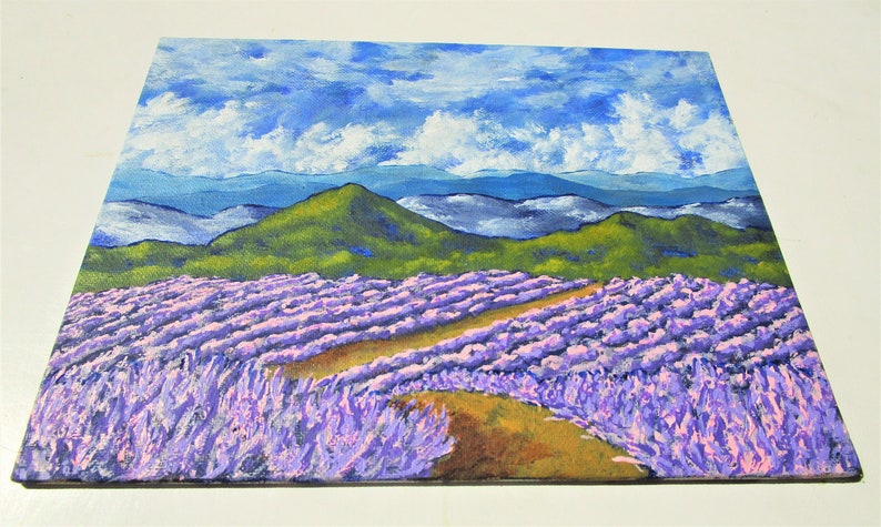 lavande en Provence peinture acrylique originale 20,3 cm x 25,4 cm par Mike Kraus-l'art fleurs France français l'été nuages ciel montagnes image 2