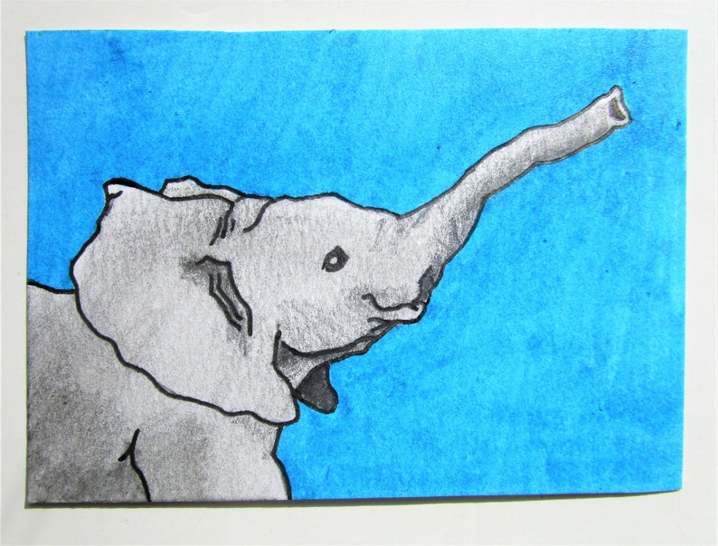 Blue Elephant 421 ARTIST TRADING CARDS 2.5 x 3.5 by Mike Kraus art aceo animals wildlife endangered conservation mother's day easter image 4