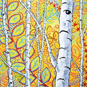 Sunset Sherbert Birch Forest ORIGINAL ACRYLIC PAINTING 8 x 10 by Mike Kraus art aspen great gifts trees forest woods nature yellow fun image 1