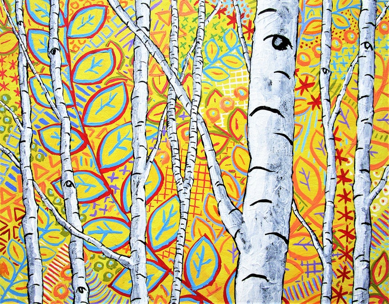 Sunset Sherbert Birch Forest ORIGINAL ACRYLIC PAINTING 8 x 10 by Mike Kraus art aspen great gifts trees forest woods nature yellow fun image 1