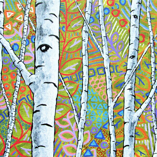 Sunset Sherbert Birch Forest (ORIGINAL ACRYLIC PAINTING) 8" x 10" by Mike Kraus-art trees woods nature valentine's day wife girlfriends love