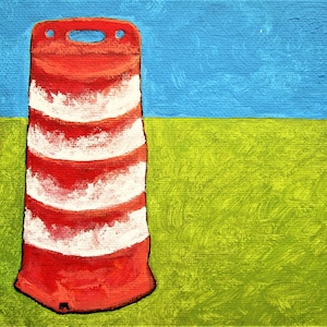 Puede incluir: Un cono de tráfico rojo y blanco pintado en un lienzo con un fondo azul y verde.