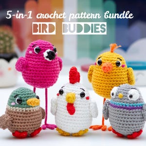 Vogel Häkelanleitung 5-in-1 Amigurumi Bundle | Einfach niedlich Küken, Ente, Hahn, Taube & Flamingo | Anfängerfreundliches Häkelprojekt