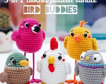 May include: A 5-in-1 crochet pattern bundle titled BIRD BUDDIES featuring five small, round, handmade yarn birds in various colours including pink, yellow, white, brown, and grey, each with black plastic eyes and distinct beak or crest details.