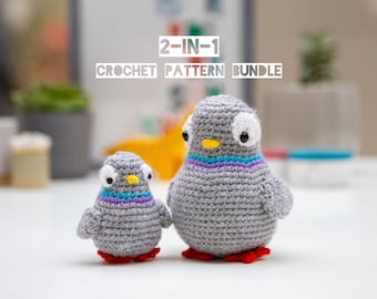 May include: Two grey crocheted pigeon toys with white eye patches, black pupils, yellow beaks, and red feet. The pigeons feature a purple and blue neck band. The text 2-IN-1 CROCHET PATTERN BUNDLE is displayed in white above the two stuffed animals.