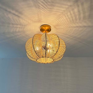 Handwoven Rattan Carambola-shaped Flush Mount,Ceiling Light Fixture,Lampshade W15.7&#39;&#39; by H15&#39;&#39;,3 Light Bulb Sockets,Natural Color or Black