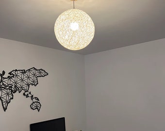 Spherical White Rope Pendant Light-Hand Winding Hemp String Cable Pendant Light-Globe Hang Lighting-Ceiling Lighting-Sphere Decor Lamp