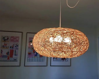 Natural Rattan Oval-shaped Pendant Light -Rattan Decor Lighting -Shade's Width 19.5'' -Three Light Bulb Sockets In-110-240V -Using Worldwide