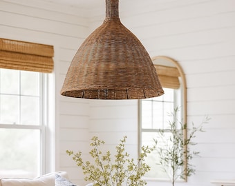 Handwoven Rattan Pendant Light, Wicker Lampshade, Boho Ceiling Lighting, Width 23.5" x Height 23.5"