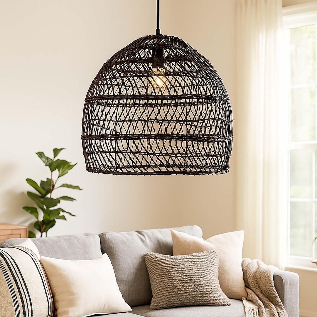 Handmade Rattan Pendant Light, Black Bell-shaped Chandelier, Artisan ...