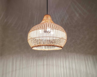 Rattan Basket Pendant Light -Made From Natural Rattan and White Plastic Rope -Width 15.7" - Three Light Bulb Sockets In - Using Worldwide