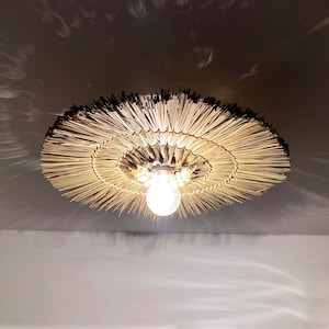 Country style Flush Mount Ceiling Light,Rustic Ceiling Lighting Fixture,Boho Woven Ceiling Lighting,Handwoven Lampshade Width 16&quot;