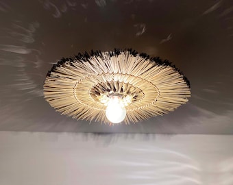 Country style Flush Mount Ceiling Light, Boho Woven Ceiling Lighting, Lampshade Width 16"