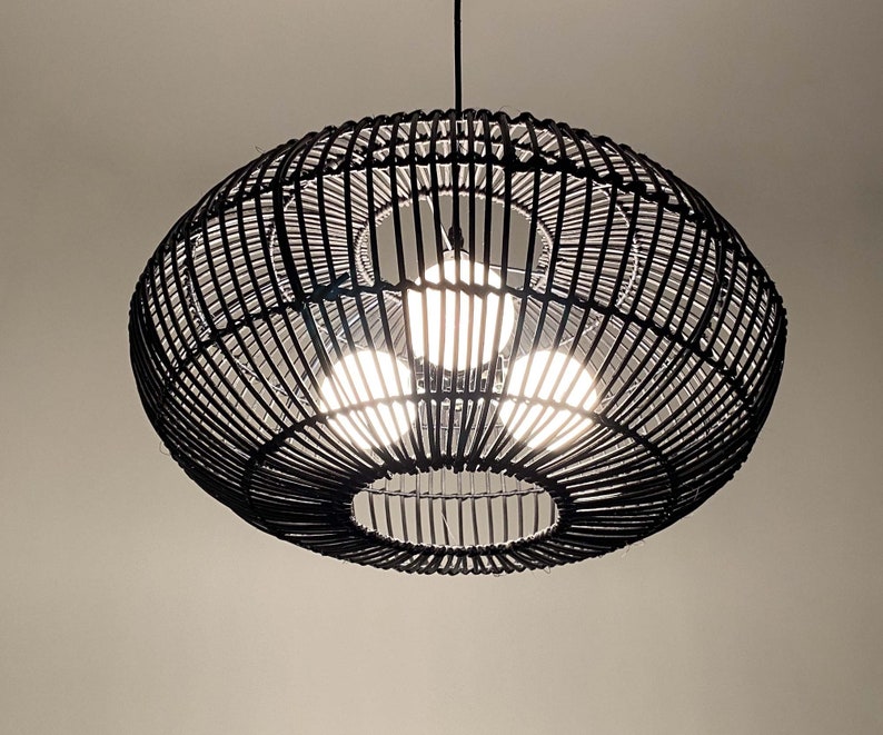 Black Oval Rattan Pendant Light Black Chandelier Lighting Black Rustic Lighting Three Light Bulb Sockets In 110-240V/50-60Hz Black