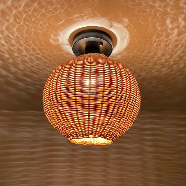 Small Globular Rattan Flush Mount - Low Ceiling  Flush Mount - Diameter 10'' by Height 11.4'' - 110-240V/50-60Hz -Free Shipping Worldwide