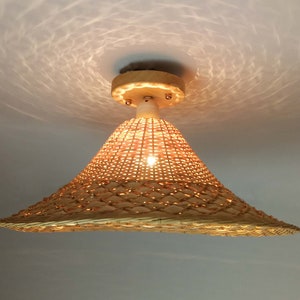 Rattan and Bamboo Sunshine Hat Ceiling Flush Mount Fixture - Shade Width / Diameter 45 cm / 17.7'' - 110-240V/50-60Hz - Using Worldwide