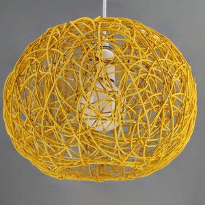 Boho Rattan Sphere Pendant Light,Handcrafted Wicker Lamp,Yellow Rattan Pendant Light with Optional Cord Color,Hardwired or Plug-in,3 Sizes
