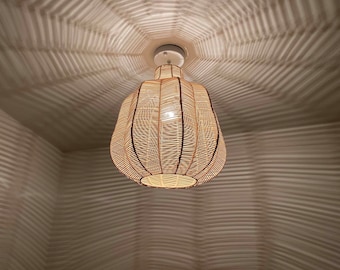 Carambola-shaped Flush Mount Light, Rustic Rattan Ceiling Lamp, Ceiling Lighting Fixture,Size W15.7''x19.5''