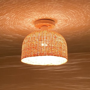 Handwoven Bamboo Flush Mount Ceiling Light: Boho Lampshade (W9.8&#39;&#39; by H8.6&#39;&#39;)