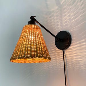 Handwoven Rattan Wall Sconce, Room Rustic Wall Lamp, Hardwired or Plug-In