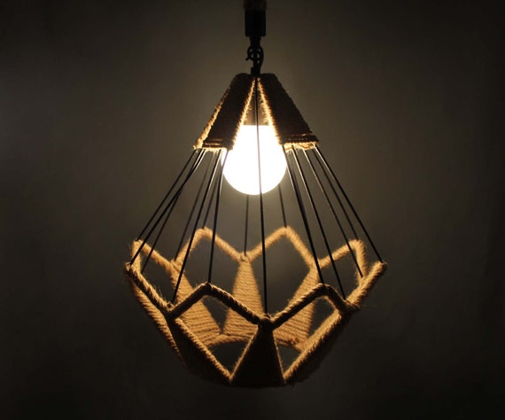 Lámpara Colgante Vintage De Cuerda De Cáñamo Y Jaula Metálica – Pantalla Tipo Jaula, LED, Para Cocina O Salón