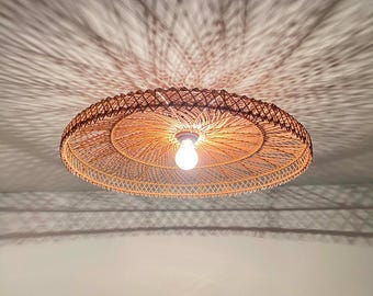 Lámpara de techo empotrada de ratán tejido a mano, pantalla de mimbre natural, 23,5", estilo bohemio, decoración rústica costera.