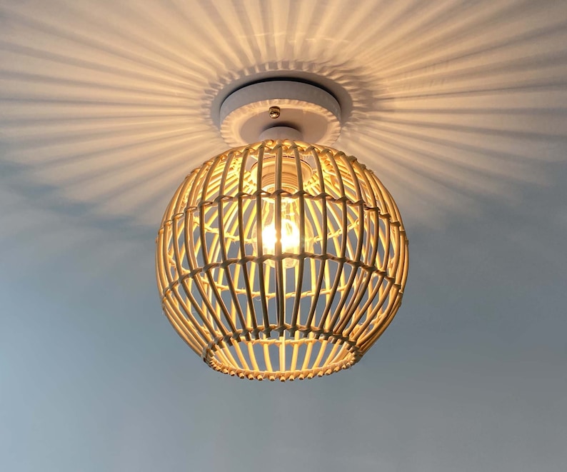 Small Rattan Spherical Flush Mount Lighting Fixture Ceiling Etsy
