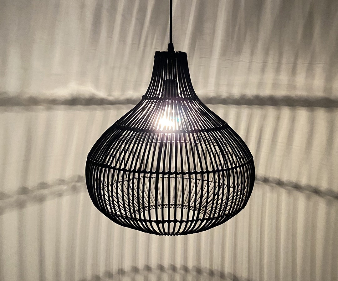Black Rattan Gourd Pendant Light, Handwoven Ceiling Fixture - Etsy