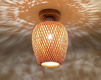 Bamboo Flush Mount Light Fixture: Double Shade, Natural Wood