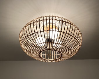 Oval Rattan Flush Mount Lighting Fixture - Low Ceiling lamp - Flush Light -Three Light Bulb Sockets - 110-240V/50-60Hz - Using Worldwide