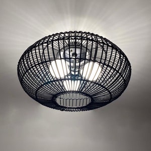 Black  Rattan Flush Mount,Oval-shaped Flush Mount Ceiling Light,Black Ceiling Light Fixture,Aparment Low Ceiling lamp,3 Light Bulb Sockets