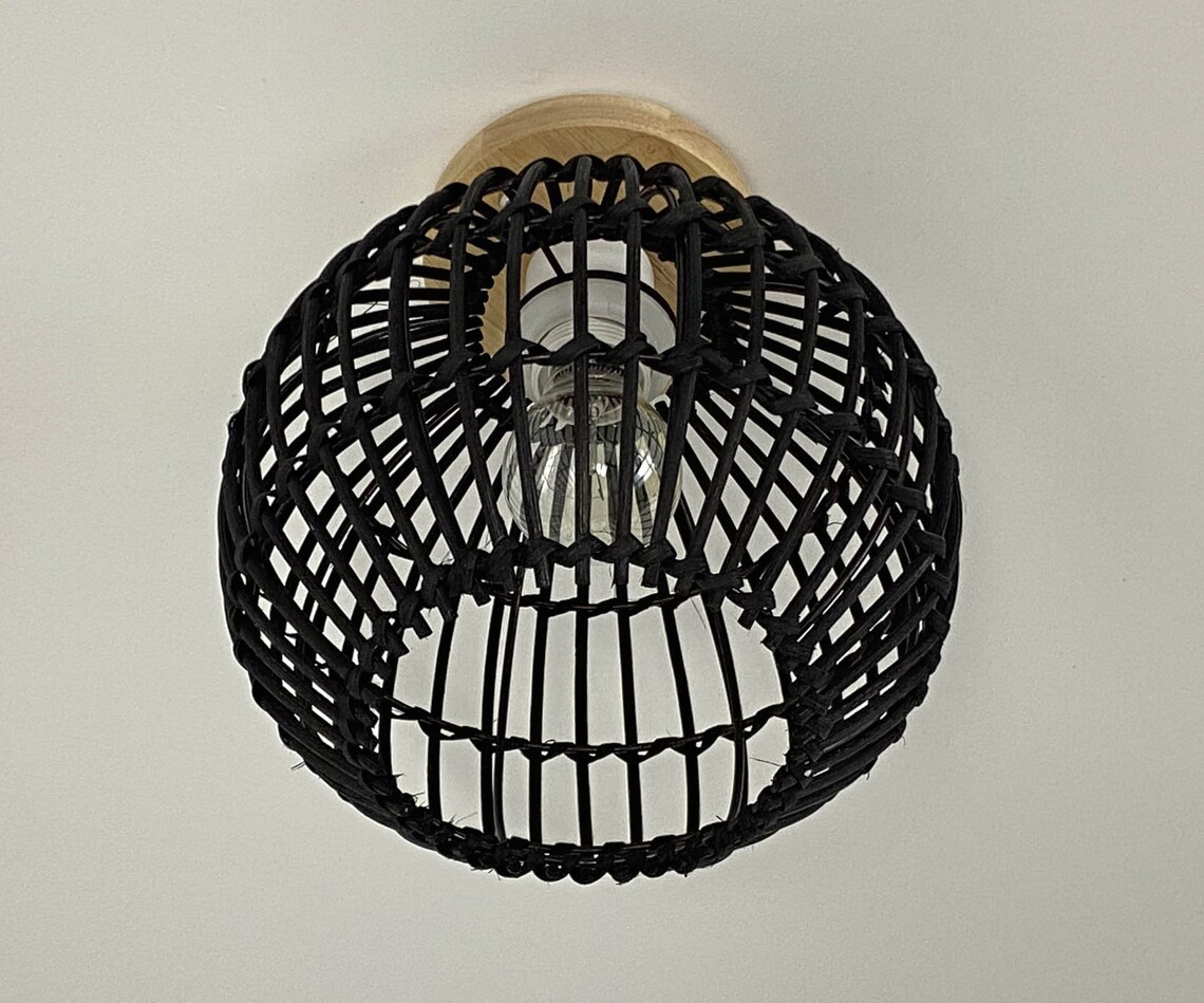 Small Spherical Rattan Flush Mount Lighting Fixture Ceiling Etsy
