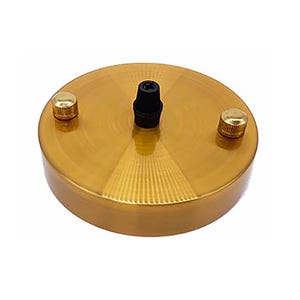 May include: A gold-colored ceiling canopy with a central black fitting and two small gold-colored screws. The canopy has a circular shape and a brushed metal finish, suitable for a light fixture.
