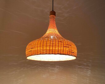 Bamboo Pendant Light: Loudspeaker Style, Natural Woven Lampshade