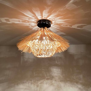 Rattan Flush Mount Ceiling Lamp,Room Decor Lighting,Semi Flush Mount,Hat Shaped Lighting,Lampshade Width 15.5&#39;&#39; by Height 11&#39;&#39;
