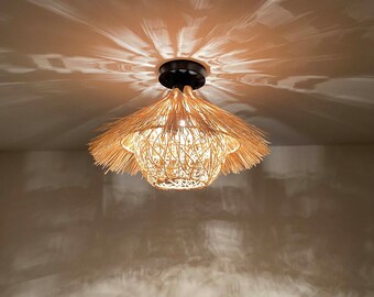 Handwoven Rattan Ceiling Light, Boho Flush Mount Pendant Lamp