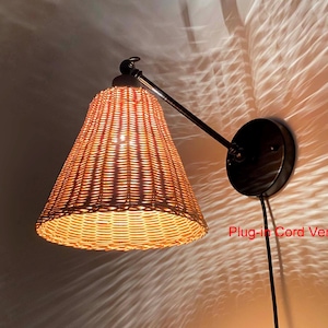 Handwoven Rattan Wall Sconce, Adjustable Arm, Plug-In or Hardwired
