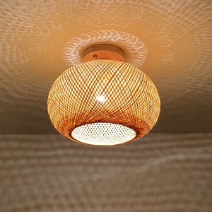 Round Bamboo  Flush Mount Lighting Fixture - Low Ceiling lamp -Semi Flush Lighting -110-240V/50-60Hz - Using Worldwide