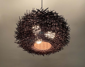 Brown Bird Nest Rattan Pendant Light with Three Light Bulb Sockets - Brown Decorative Lighting - Brown Ceiling Lighting - 110-240V/50-60Hz