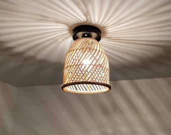 Rattan Wicker Ceiling Light Fixture - Boho Coastal Pendant Lighting