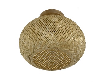 Round Bamboo Flush Mount Ceiling Lamp, Natural Woven Light Fixture, Width 15.5"
