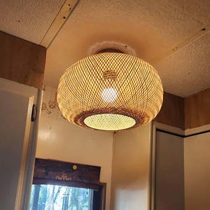 Handwoven Bamboo Flush Mount Ceiling Light: Rustic Boho Lampshade (15.5&quot;)