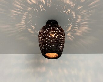 Handwoven Bamboo Flush Mount Light - Black or Natural Shade