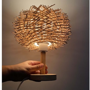 Handmade Rattan Table Lamp with Wooden Base,Rattan Desk Lighting,Bird Nest Desk Light,Bedside Lighting Fixture,Decorative Lighting,2 Colors
