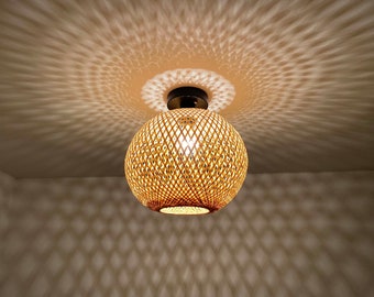 Globular Bamboo Flush Mount - Low Ceiling Lighting Fixture - Lighting Sizes Height 12'' by Width 11.5 '' -110-240V/50-60Hz -Using Worldwide